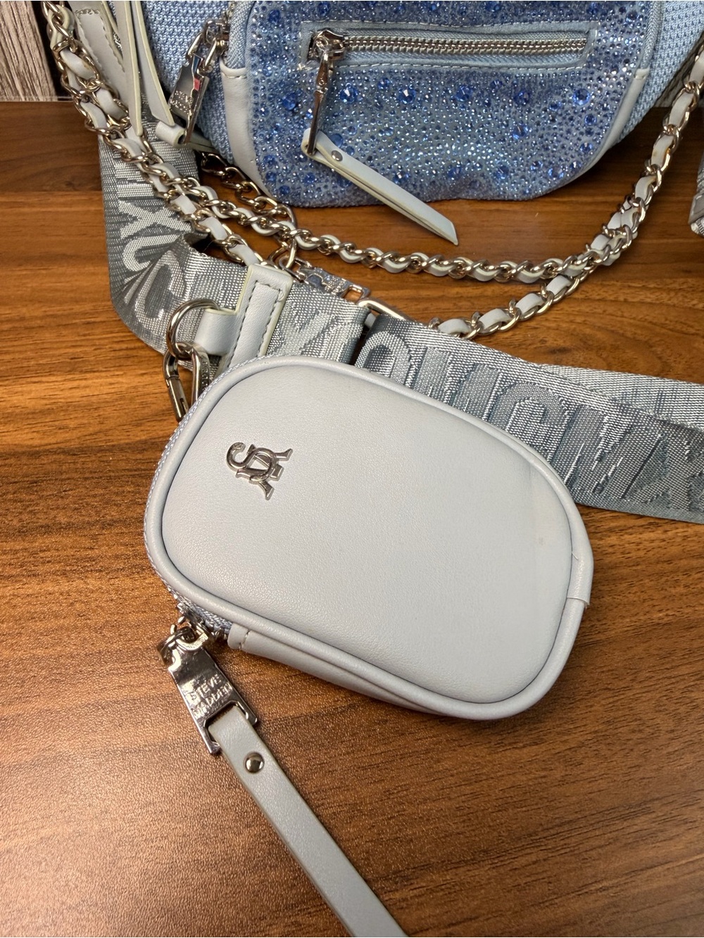 Steve Madden Light Blue Embellished Crossbody Bag with Chain Detail - Picture 7 of 16